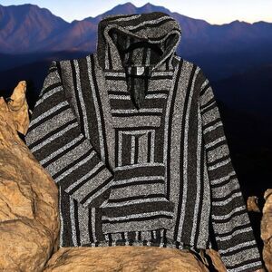 Mexican Poncho Baja Hoodie Jacket Sz L Hippie Pullover Brown White Stripe Pocket